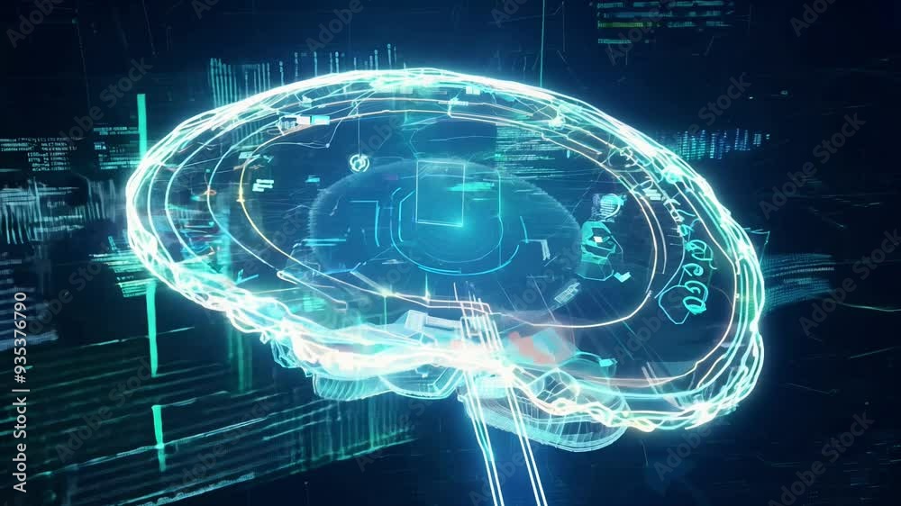 Watch as a digital brain model glows with neon lights and animated features in a captivating futuristic environment.