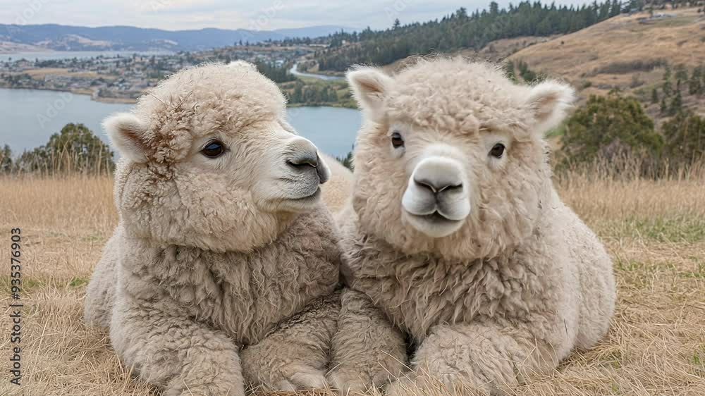 Twin lambs cuddle next to each other by a tranquil lake, surrounded by lush hills and open grassland under a cloudy sky.