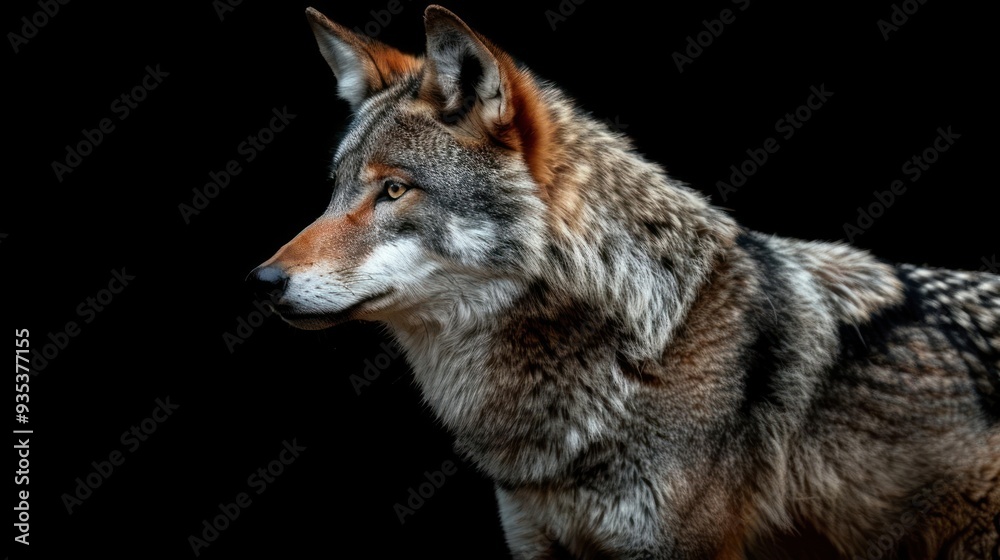 Obraz premium A wolf with sharp teeth and eyes, looking straight ahead.
