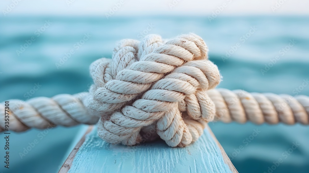 Nautical Rope Knot Against Serene Blue Ocean Backdrop Nautical Rope Knot Against Serene Blue Ocean Backdrop