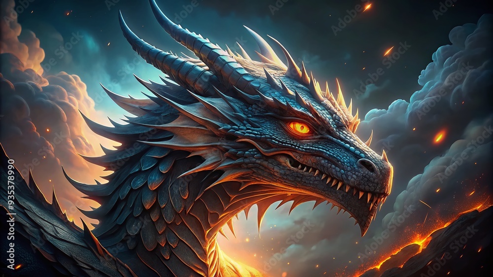 A majestic dragon's powerful physique is illuminated by its piercing, glowing eyes, radiating an otherworldly aura in a dark, mystical, and eerie atmosphere. A majestic dragon's powerful physique is illuminated by its piercing, glowing eyes, radiating an otherworldly aura in a dark, mystical, and eerie atmosphere.