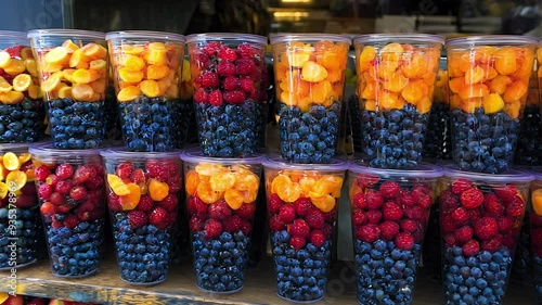 Wallpaper Mural Freshly prepared fruit cups are arranged in a market stall, featuring vibrant layers of blueberries, raspberries, and mango. Torontodigital.ca