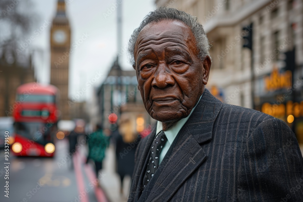 Iconic London Street Scene with Elderly Man and Big Ben in Background Iconic London Street Scene with Elderly Man and Big Ben in Background