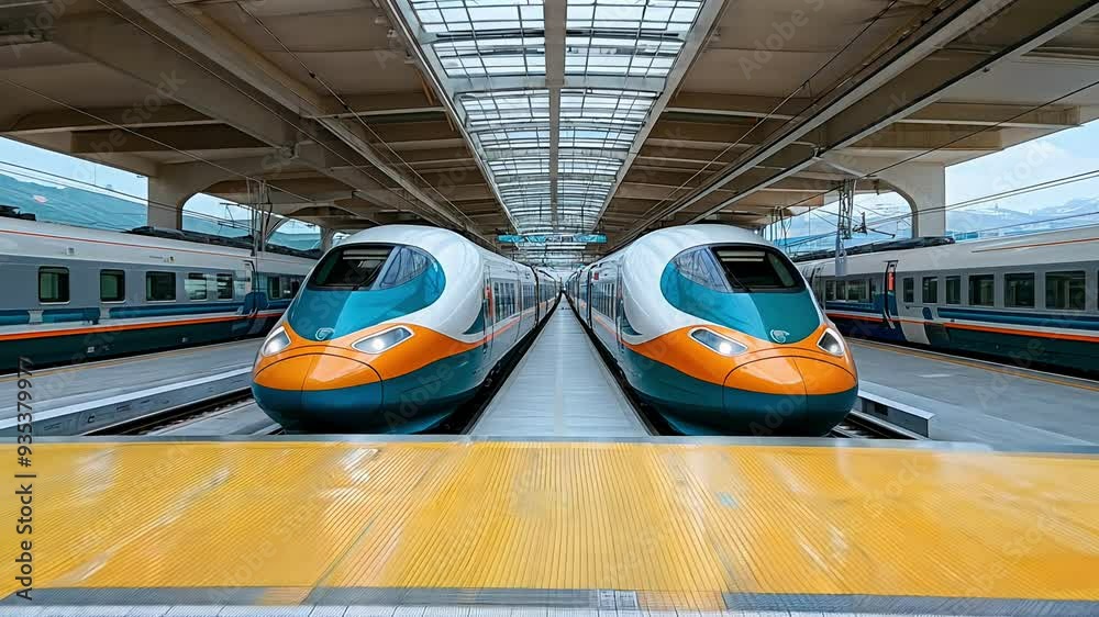 Two sleek, modern high-speed trains await departure at a spacious station in Taiwan, showcasing advanced design and vibrant colors under bright skies.