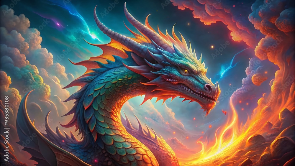 A majestic dragon with iridescent scales and fiery breath emerges from a swirl of vibrant colors, captivating the viewer with its mesmerizing creation. A majestic dragon with iridescent scales and fiery breath emerges from a swirl of vibrant colors, captivating the viewer with its mesmerizing creation.