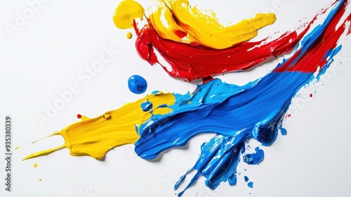 Abstract composition of vibrant paint strokes in primary colors on a white background.