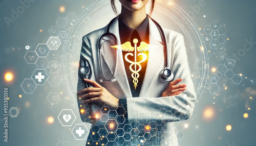 Female doctor with Hippocrates symbol double exposure, realistic photo