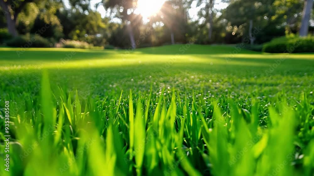 Early morning light casts a warm glow over a vibrant green lawn, highlighting the tranquility of the surrounding park. Early morning light casts a warm glow over a vibrant green lawn, highlighting the tranquility of the surrounding park.