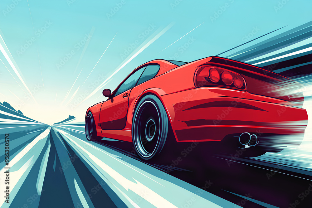 Obraz premium red car at high speed along the highway blur movement speed, cartoon style, vector, 3d rendering