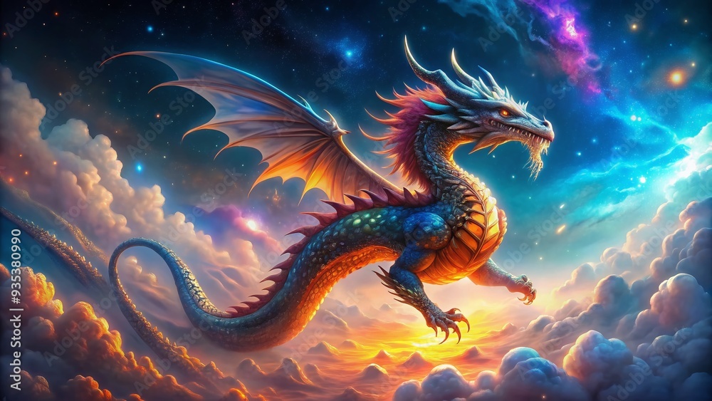 A majestic dragon with iridescent scales and fiery breath soaring through a whimsical, starry night sky surrounded by swirling clouds of shimmering mist. A majestic dragon with iridescent scales and fiery breath soaring through a whimsical, starry night sky surrounded by swirling clouds of shimmering mist.