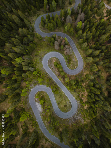 Snake road from a drone view in the Italian Alps, The Dolomites, Italy