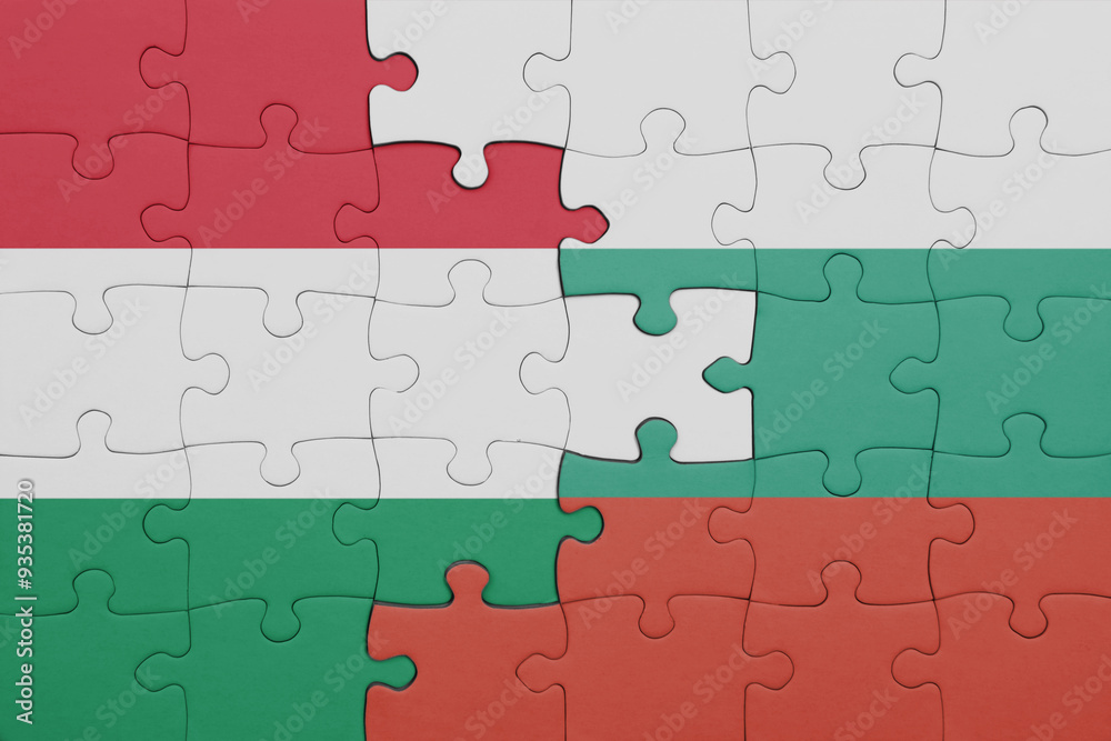 puzzle with the colourful national flag of bulgaria and flag of hungary. puzzle with the colourful national flag of bulgaria and flag of hungary.