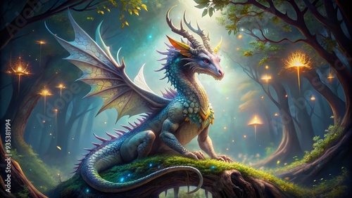 A majestic dragon with iridescent scales and glowing horns sits atop a mystical, ancient tree, surrounded by a halo of soft, ethereal light. photo