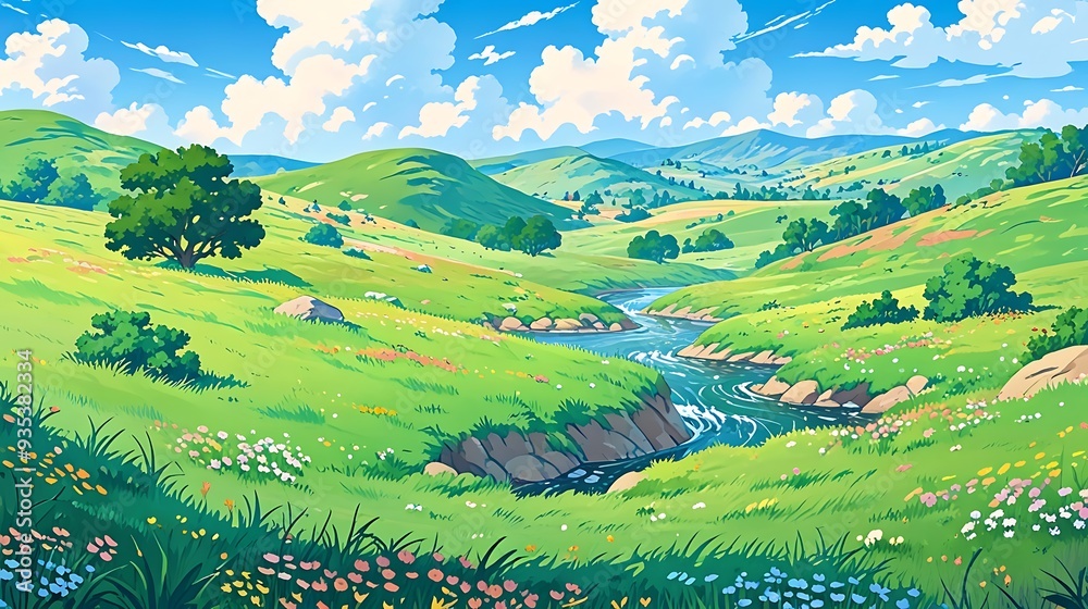 Fototapeta premium Serene Summer Meadow with River and Hills