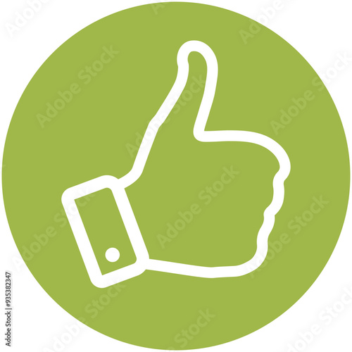 Green thumb up icon or like button. Outline style. Circle vector icon