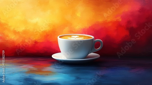 A cup of coffee colorful cartoon style high resolu  842 cup, coffee, drink, white, mug, tea, cafe, espresso, beverage, saucer, breakfast, isolated, table, object, hot, caffeine, black, cappuccino, foo photo