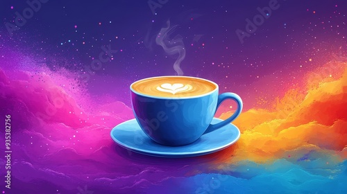 A cup of coffee colorful cartoon style high resolu  844 cup, coffee, drink, white, cafe, mug, tea, saucer, beverage, espresso, hot, breakfast, isolated, black, object, caffeine, food, coffe, brown, ca photo