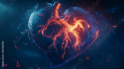 A heart-shaped object with a glowing, fiery interior, surrounded by a blue, nebula-like atmosphere, representing the concept of love, passion, and energy.