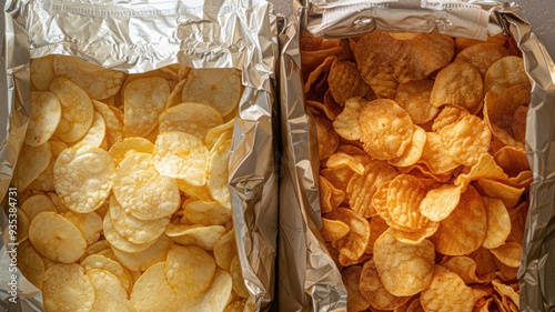 A comparison of potato chip bags, one with a visible reduction in content, highlighting shrinkflation in snack foods photo