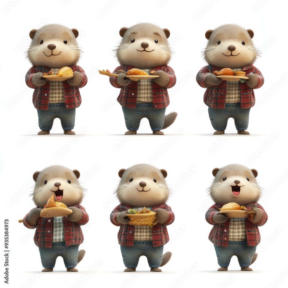 A cute cartoon otter character enjoying various foods in a playful manner. A cute cartoon otter character enjoying various foods in a playful manner.