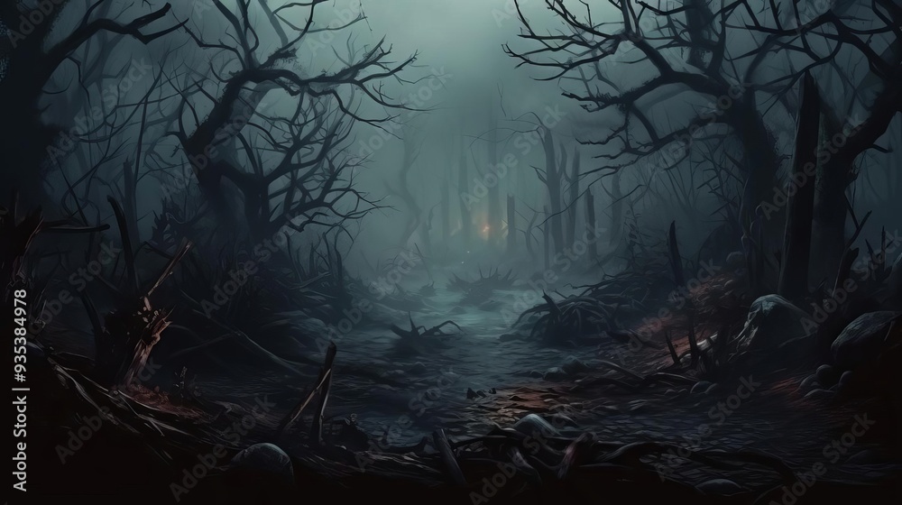 Obraz premium Haunted forest, twisted trees and eerie fog, dark and mysterious, Watercolor style