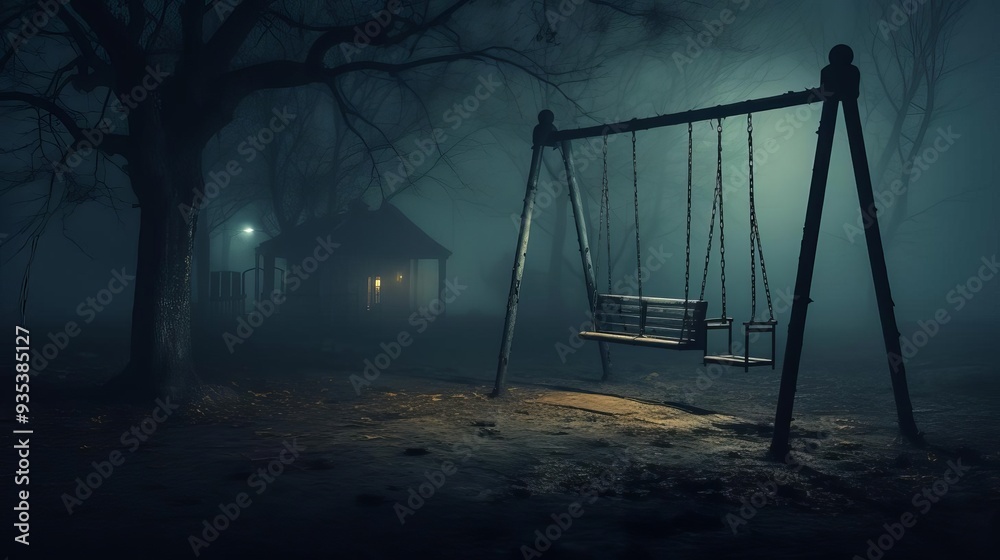 Spooky abandoned playground, rusted swings, eerie atmosphere, foggy night, Watercolor style Spooky abandoned playground, rusted swings, eerie atmosphere, foggy night, Watercolor style