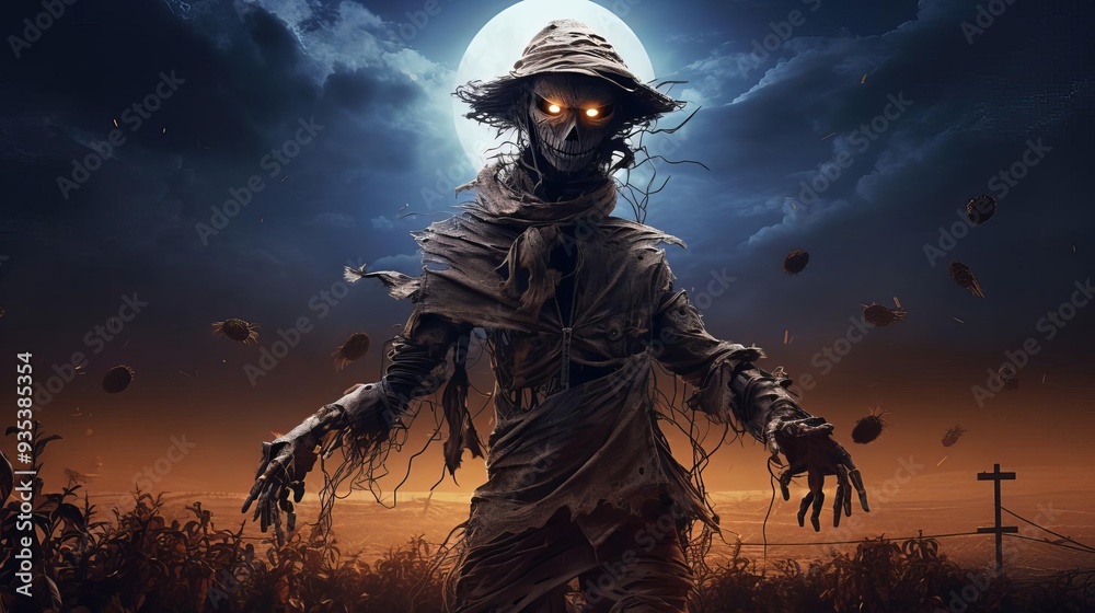 Fototapeta premium Spooky scarecrow, tattered clothes, glowing eyes, moonlit field, Watercolor style