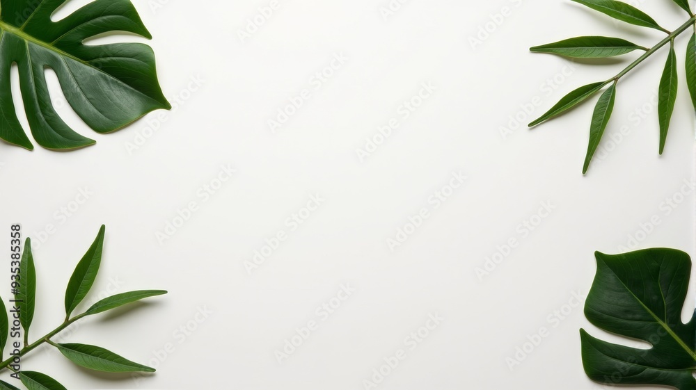 Minimalist Flat Lay with Tropical Leaves on White Background, Perfect for Eco-Themed Designs and Natural Aesthetics Minimalist Flat Lay with Tropical Leaves on White Background, Perfect for Eco-Themed Designs and Natural Aesthetics
