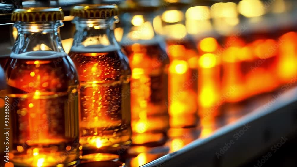 Bottles of craft soda are filled and capped as they move along a production line, showcasing a vibrant display of bubbles and colors. Bottles of craft soda are filled and capped as they move along a production line, showcasing a vibrant display of bubbles and colors.
