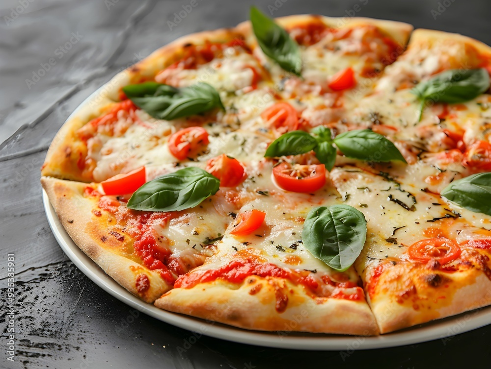 Freshly baked pizza topped with mozzarella cheese, basil, and tomatoes on a rustic black table Freshly baked pizza topped with mozzarella cheese, basil, and tomatoes on a rustic black table