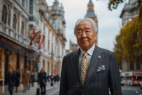 Elderly Gentleman in Suit Strolling Through Historic City Street in Afternoon