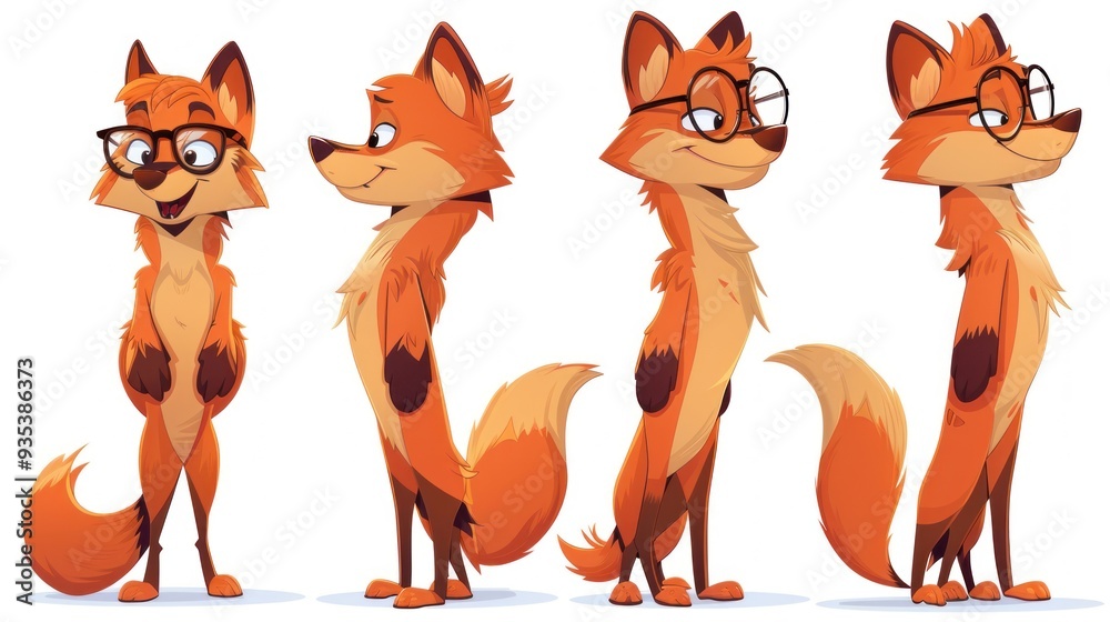 A cartoon fox character shown from multiple angles, wearing glasses and displaying various expressions. A cartoon fox character shown from multiple angles, wearing glasses and displaying various expressions.