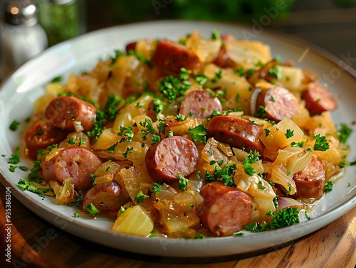 Delicious sausage and sauerkraut dish garnished with fresh herbs served on a rustic wooden table during a cozy meal