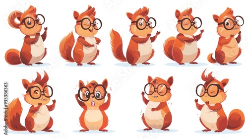 A collection of cute cartoon squirrels with glasses displaying various expressions and poses.