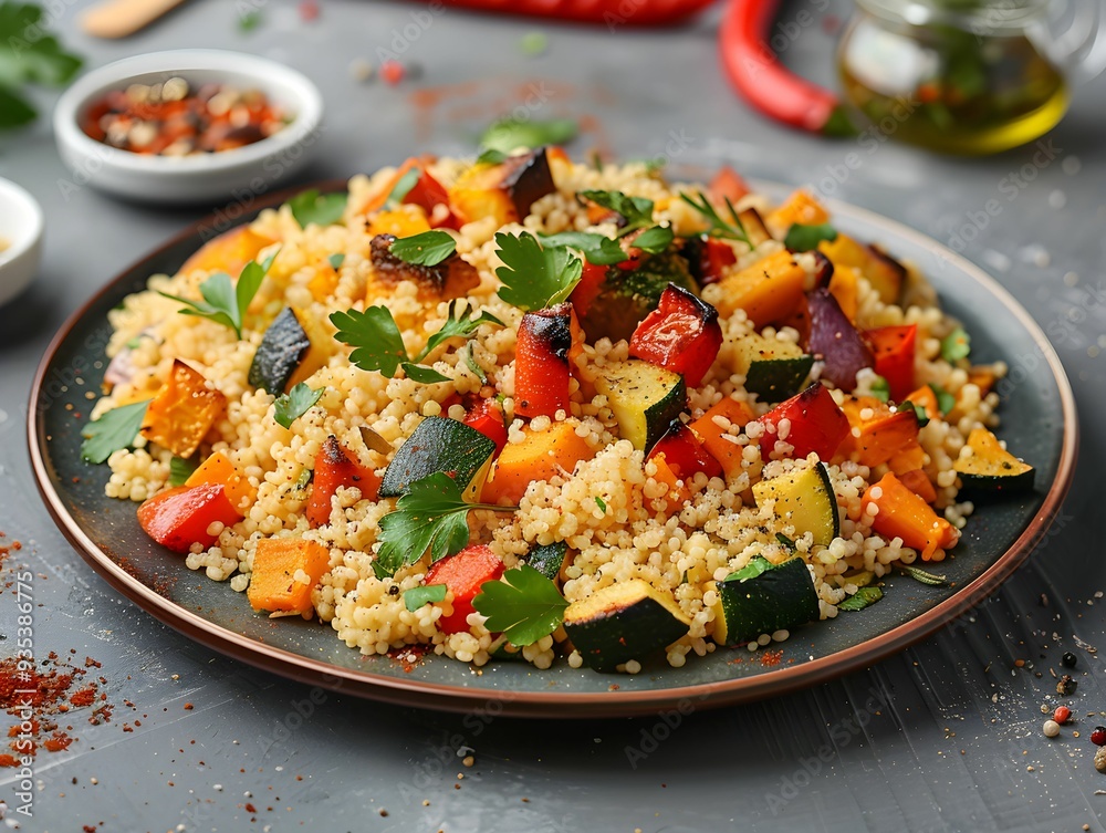 Colorful couscous salad featuring roasted vegetables and herbs served on a rustic plate in a cozy kitchen setting Colorful couscous salad featuring roasted vegetables and herbs served on a rustic plate in a cozy kitchen setting