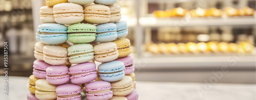 Delightful, colorful macarons, a French pastry treat, beckon from a street vendor's display photo