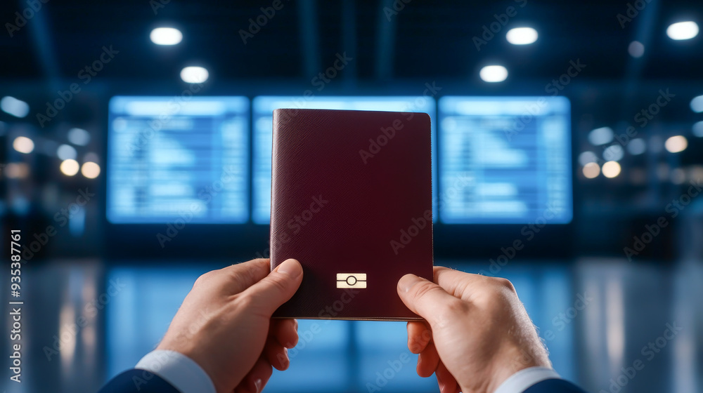 Close-up of hands holding a passport at an airport, framed by departure boards in the background, symbolizing travel and exploration. Close-up of hands holding a passport at an airport, framed by departure boards in the background, symbolizing travel and exploration.