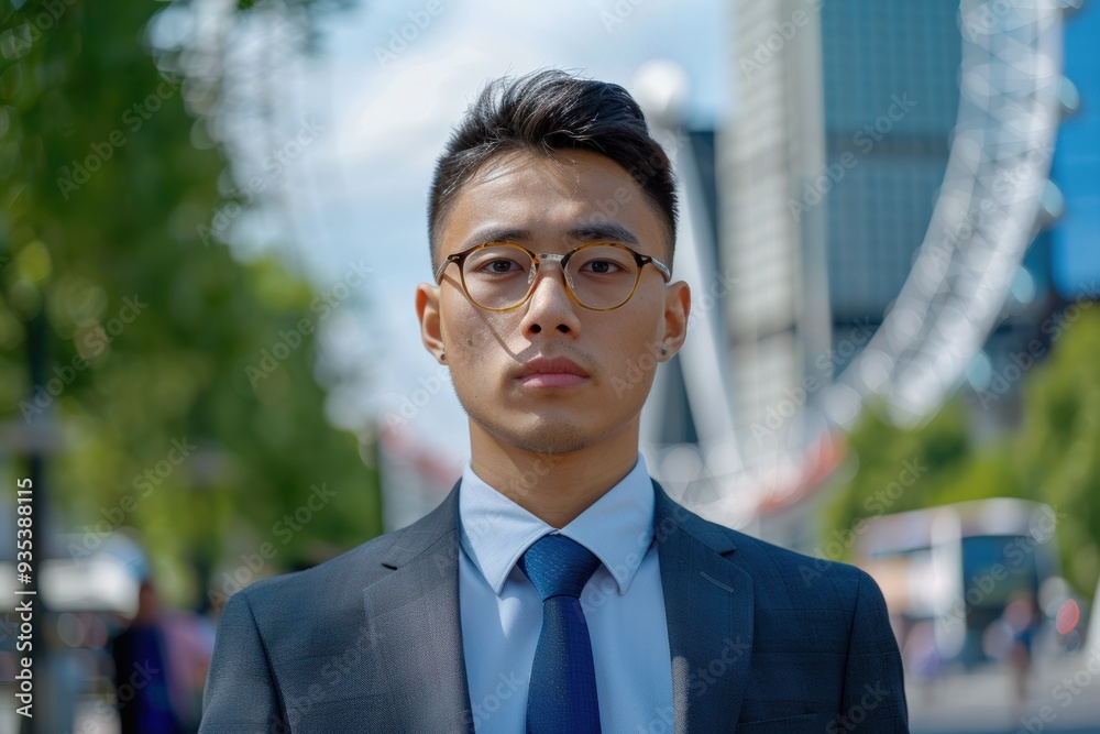 A determined young professional stands confidently in front of an iconic city landmark A determined young professional stands confidently in front of an iconic city landmark