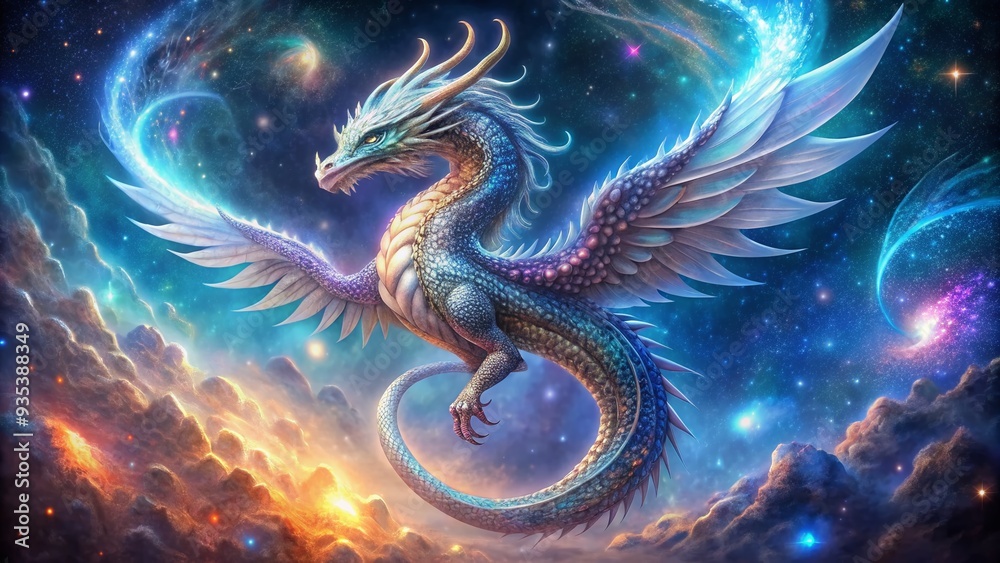 A majestic, glowing wyrm with iridescent scales coils around a swirling, starry galaxy, its ethereal wings outstretched amidst a backdrop of shimmering stardust. A majestic, glowing wyrm with iridescent scales coils around a swirling, starry galaxy, its ethereal wings outstretched amidst a backdrop of shimmering stardust.