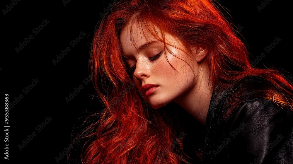 Red-Haired Rocker Girl With Electric Guitar, Leather Jacket And Edge Red-Haired Rocker Girl With Electric Guitar, Leather Jacket And Edge