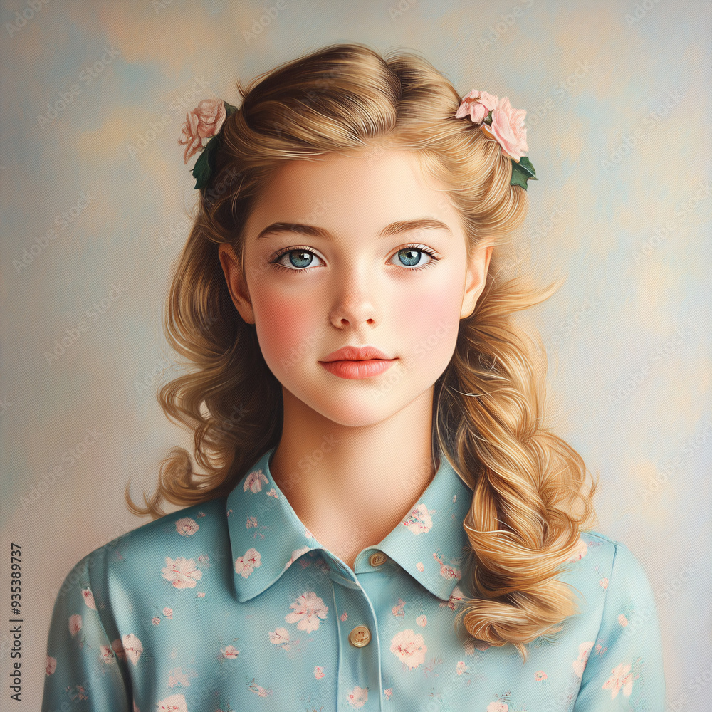 A girl with long blonde hair and a blue shirt with flowers on it. She has a pink flower in her hair A girl with long blonde hair and a blue shirt with flowers on it. She has a pink flower in her hair