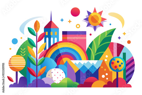 Abstract Colorful Landscape with Geometric Shapes and Rainbow