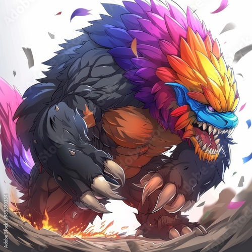 A Fierce, Colorful, Feathered Monster with Claws and Fangs photo