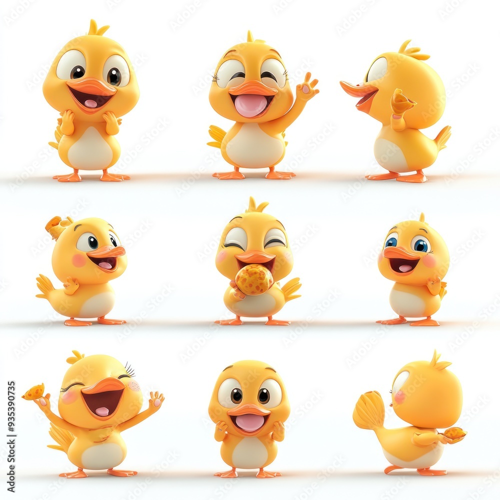 A collection of cute, animated yellow chicks displaying various cheerful expressions and poses. A collection of cute, animated yellow chicks displaying various cheerful expressions and poses.