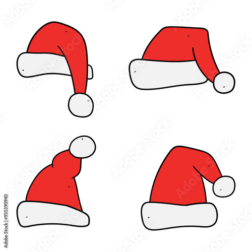 Hand drawn cartoon santa claus hat set on white background. Christmas, New Year.