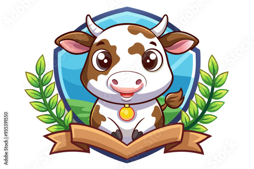 Cute Cartoon Cow with Brown Spots in a Shield Emblem with a Ribbon