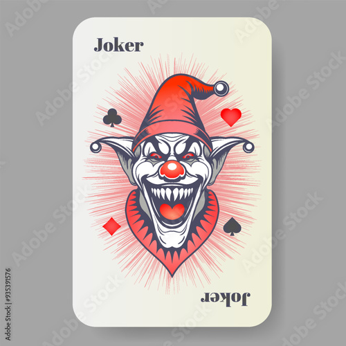 Vector playing card joker. Graphic creepy wide smiling face of sinister man in red clown hat. Disgusting portrait. Spades, hearts, diamonds and clubs.