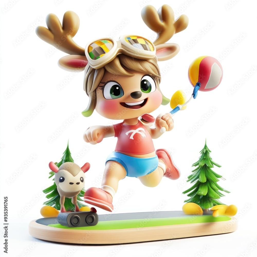 Fototapeta premium A cheerful cartoon character with antlers playing with a ball on a skateboard amidst trees.