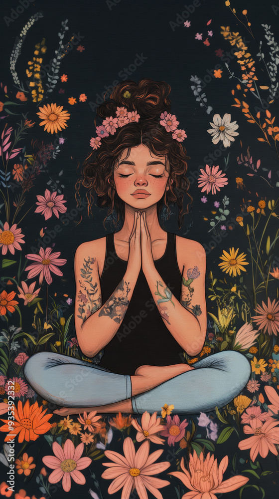 Vertical illustration of a young woman with tattoos doing yoga in the lotus position with flowers arounds her and a dark background. Yoga class mindfulness meditation self care individuality concepts Vertical illustration of a young woman with tattoos doing yoga in the lotus position with flowers arounds her and a dark background. Yoga class mindfulness meditation self care individuality concepts