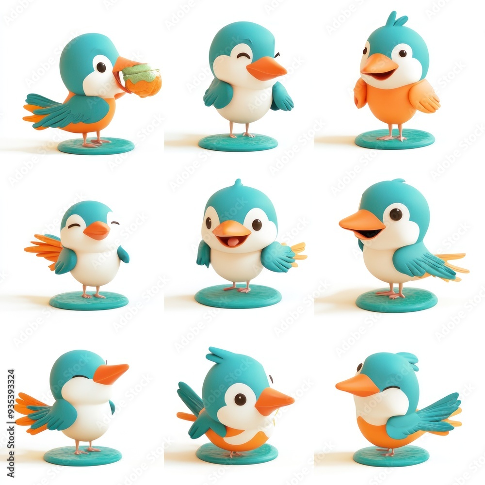 Fototapeta premium A collection of cute, cartoon-style bird figurines in various playful poses.